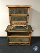 A wicker two drawer chest and an entertainment stand