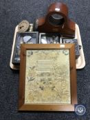 A tray of inlaid mahogany mantel clock, print, four small boxes containing plated cutlery,