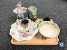 A tray containing a Spanish figure, clown with violin, antique floral pottery vase,