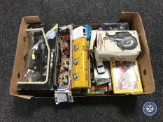 A box containing mid 20th century and later vehicles including tin-plate oil tanker,