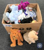 A box containing TY beanie babies and soft toys