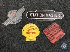 Four cast iron advertising plaques including Shell, Morris,