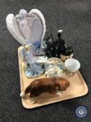 A tray containing Poole dolphin, Cooper craft kittens, Cetem ware George V beaker,