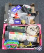 Two boxes containing hardware; screws, nails, hand tools,