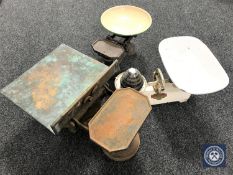Three sets of antique kitchen scales (one with weights)