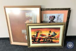 A gilt framed oil depicting African tribesman together with four other framed prints