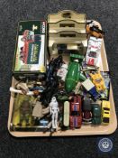 A tray containing boxed and unboxed die cast vehicles including a Corgi Classics Eddie Stobart van,