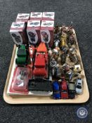 A tray of Del Prado figurines, die cast vehicles,