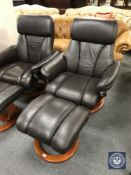 A brown leather swivel relaxer chair with stool