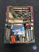 Two boxes containing assorted Hornby railways rolling stock and track