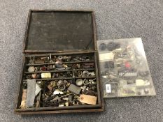 A wooden box containing radio parts, clips, bulbs, valves etc.