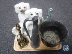 A tray of oriental pewter jug, brass table lamp, Staffordshire dogs,