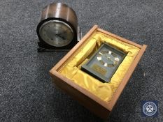 An oak cased Garrard mantel clock together with a slate battery operated presentation clock in a