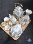 A tray of Crown Staffordshire Chelsea Manor china, Hammersley china teapot,