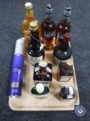 A tray of ten assorted bottles of wine, port, gin,