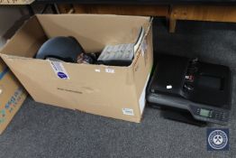 A HP office jet printer, box of assorted electricals including robotic vac, computer keyboard,