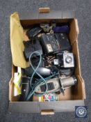 A box of opera glasses, field glasses, assorted camera,