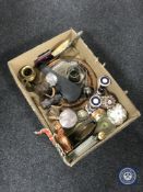 A box containing assorted plated ware, brass ware,