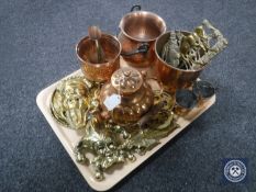 A tray of brass and copper ware