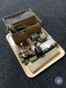 A tray of a boxed vintage Chinese telephone hand set, motors, Mainline Railways wagon,