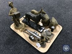 A tray containing miniature chrome cannon, metal figure of an Alsatian (a/f),