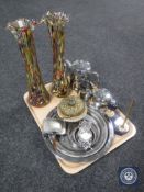 A tray of two studio glass vases, assorted plated wares,