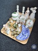 A tray of two china figures, six pieces of Royal Winton pottery, Border Fine Arts figures,