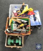 A Hilka welder together with a Power G bench grinder and two boxes containing assorted power hand