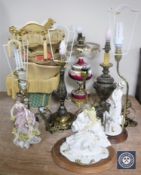 Seven assorted table lamps and shades together with a copper bed warming pan