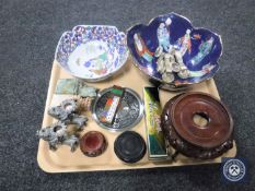 A tray of oriental pieces; two Japanese fruit bowls, soapstone seal,