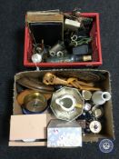 Two boxes containing ship in bottle, plated and copper wares, chins ship's style clock,