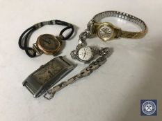 A box of four vintage watches, lady's gold wrist watch,