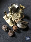 A tray of brass and copper including embossed jugs, trivet,