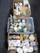 Four boxes containing assorted tea china, Spanish figurines,