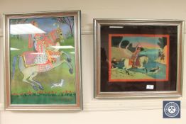 20th century Indian School, two reverse paintings on glass depicting figures on horseback.