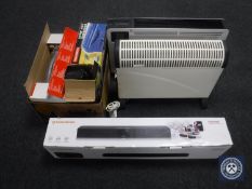 A Toshiba Sound Bar, box of shredder,