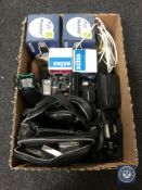 A box of a large quantity of assorted camera equipment including Olympus cameras, lenses,