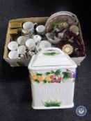 A box of wall plates, tea china, mantel clock,