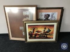 A gilt framed oil depicting African tribesman together with four other framed prints