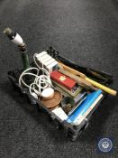 A basket containing vintage Dutch matchboxes, miniature signed cricket bat,