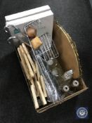 A box of glass decanters, candlesticks, gilt framed mirrors,