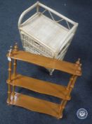 A wicker and bamboo three drawer chest and what not stand