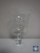 A large etched glass vase on pedestal base, height 29 cm.