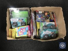 Two boxes containing new swimming arm bands and toys etc