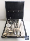 A box of silver napkin ring, set of five continental silver teaspoons,