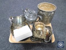 A tray of assorted plated wares; wine buckets, baskets, tankard,