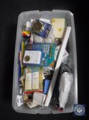A box of assorted electricals : carbon monoxide alarm, wireless door chimes, door furniture,