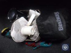 A box of coffee maker, toaster, kettle, desk fan and a Humax free view box, air bed,