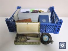A basket of RAC badge, decimal coin set, bullet casings, costume jewellery, pottery feeder,