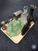 A tray containing brass Eastern style vase, copper and brass miner's lamp, brass horse and carriage,